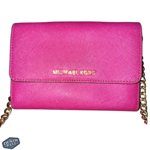 Michael Kors Fuchsia/Rasberry/Gold Saffiano Leather Chain Link Crossbody Bag - Picture 2 of 15